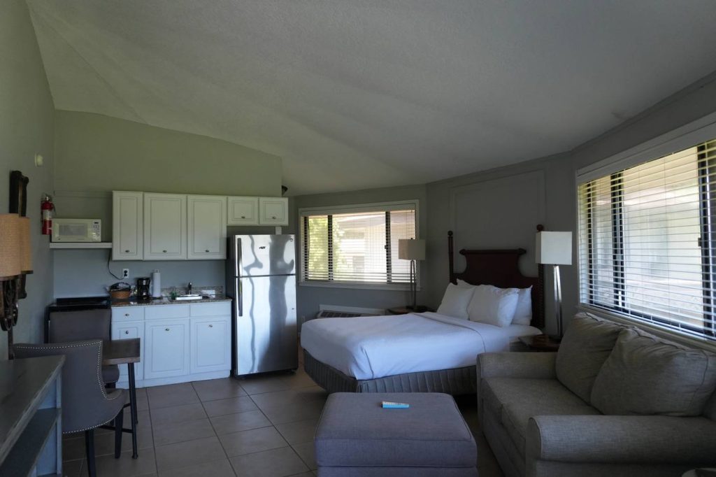 Studio villa with the bed, sofa and kitchenette in one open room