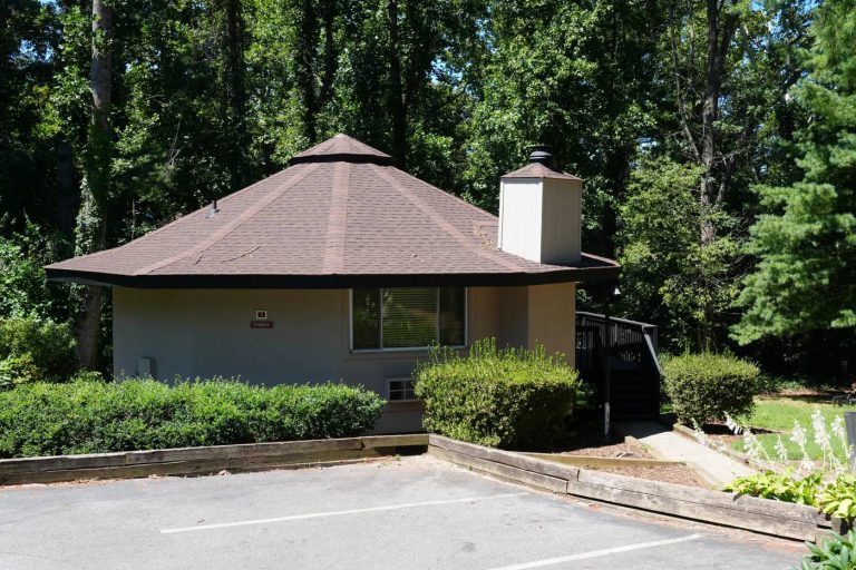 A single-story octagonal villa with a chimney, set among trees and shrubs