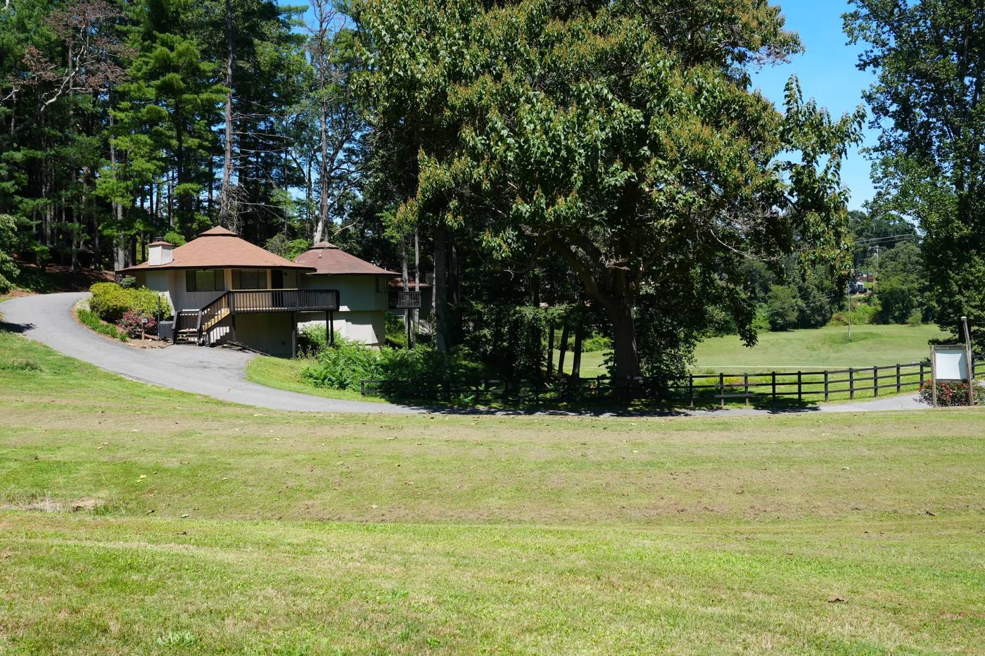 Cedar-roofed villas among tall pines